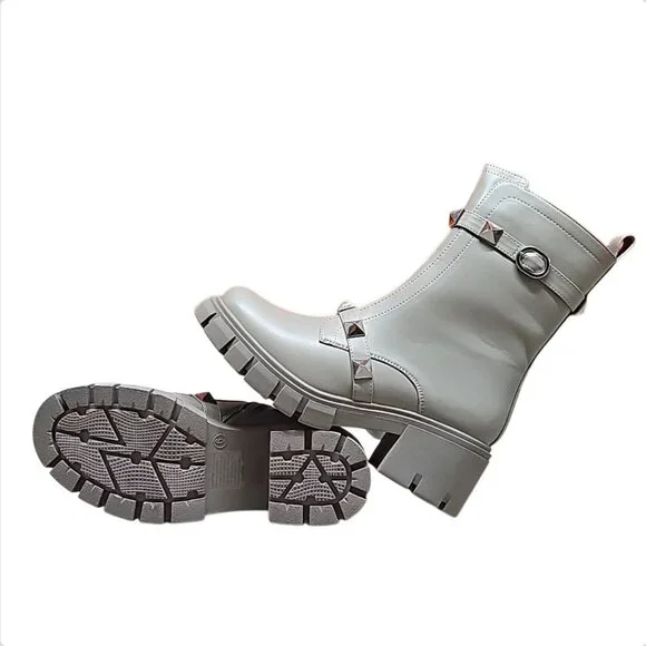Studded Gray Combat-Style Ankle Boots With Chunky Block Heel And Side Zipper Clo - Picture 8 of 8